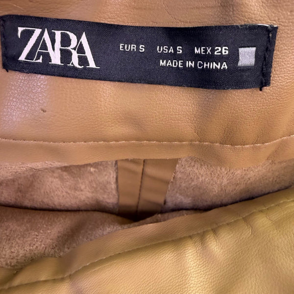 Zara Womens Tan Faux Leather Belted A-Line Midi Skirt Stylish Flared Design Sz S
