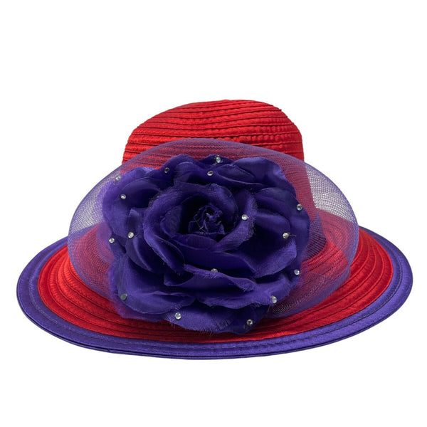 Red & Purple Womens Polyester Hat With Decorative Flower