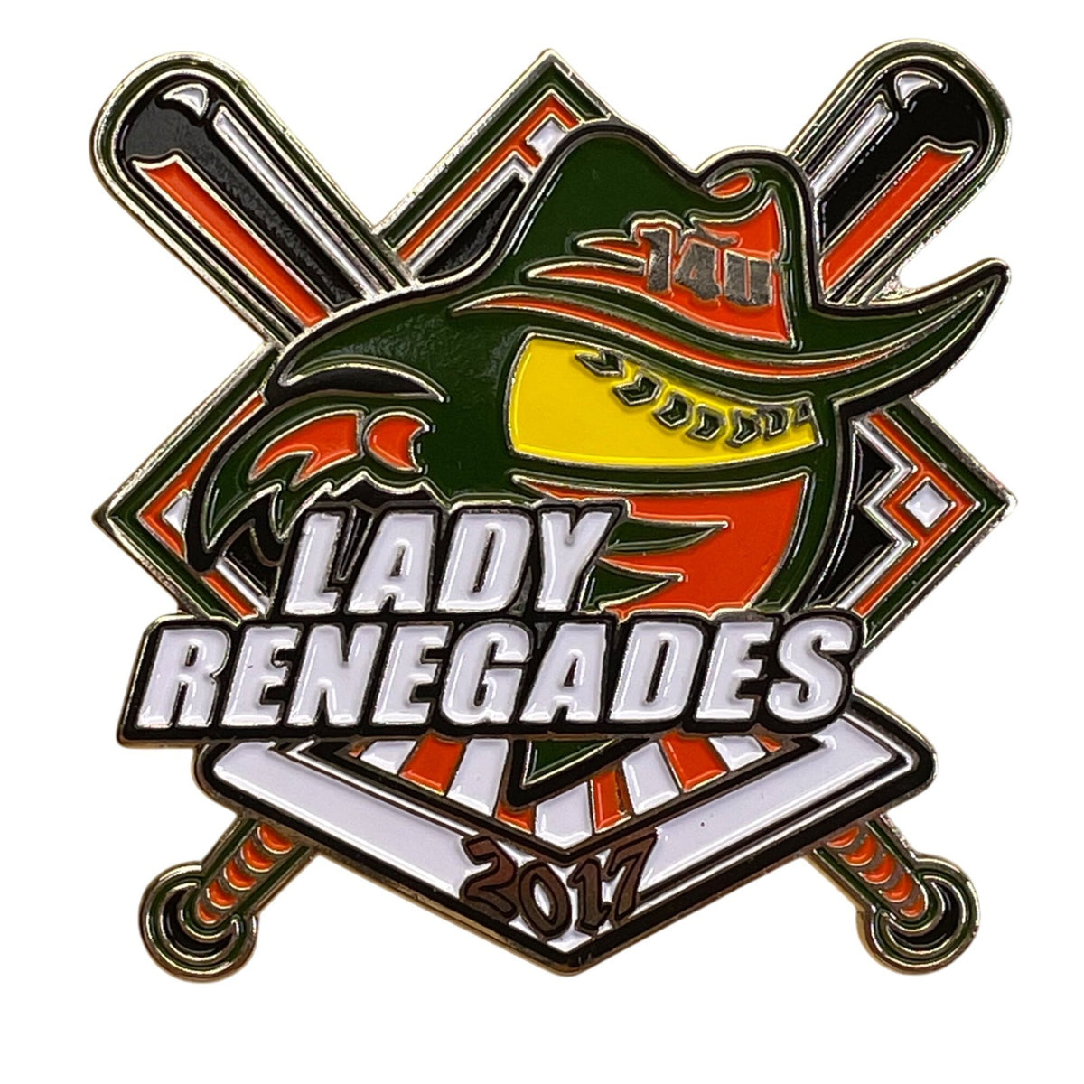 Lady Renegades 2017 Soft Enamel Softball Pin W/ Hat & Bats Design
