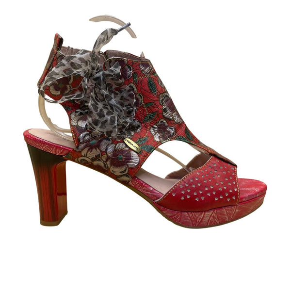 Laura Vita Women’s Red Floral Pattern Leather Open Toe Bow Accent Heels Size 10