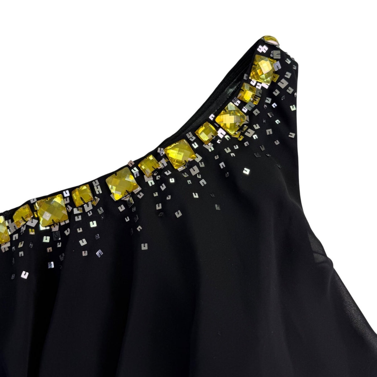 Calvin Klein Womens Black One-Shoulder Ruffle Layered Dress With Beaded Detail