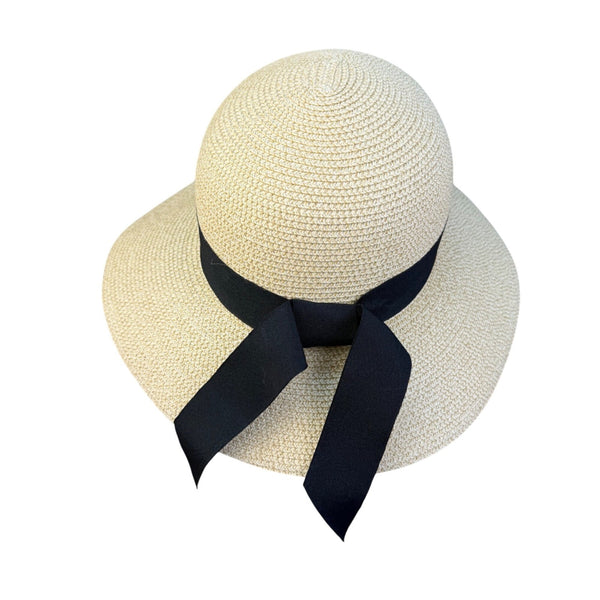 Furtalk Womens Beige Straw Sun Hat UPF 50+ Wide Brim Black Bow Summer