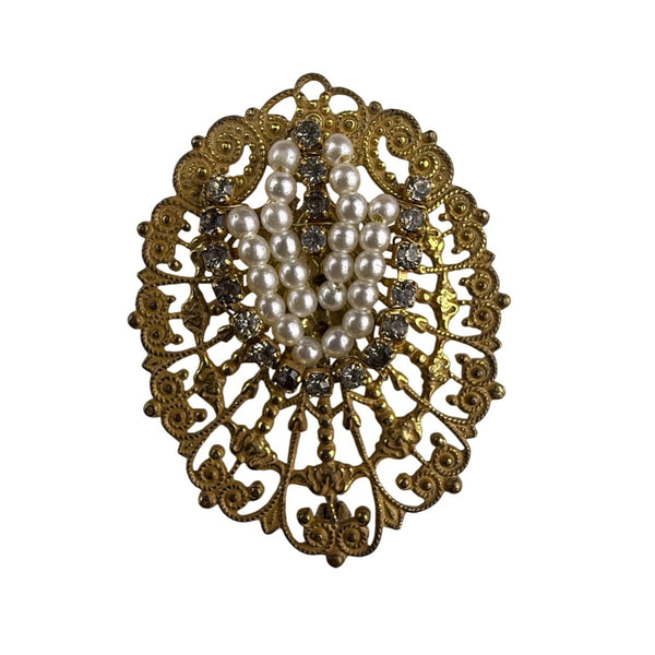 Miriam Haskell Brooch Women Gold Tone Filigree Faux Pearl Rhinestones Oval Desig