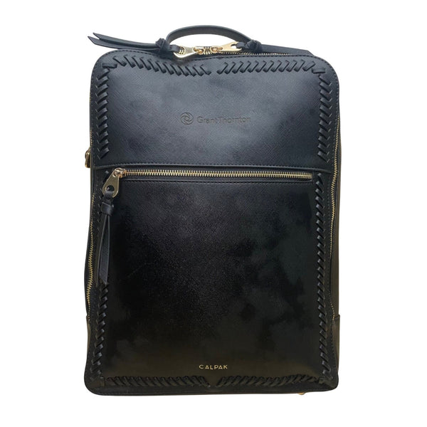 Calpak Unisex Black Leather With Gold Zipper Accents Whipstitch Laptop Backpack