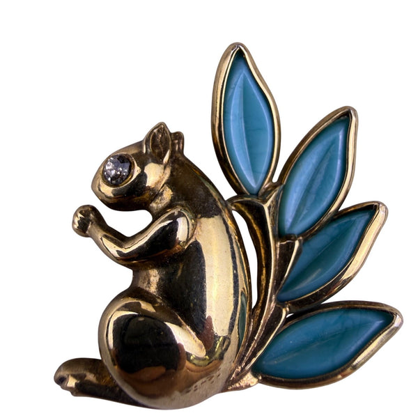 Crown Trifari Womens Gold Tone Blue Glass Squirrel Brooch Vintage Style
