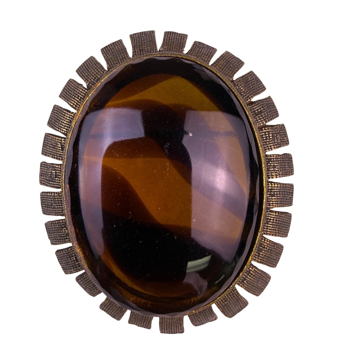 Vintage Womens Brown & Gold Tone Oval Brooch Pin Textured Metal Design
