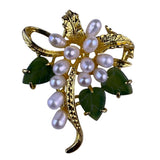 Vintage Unknown Womens Gold Tone Jade & Cultured Pearl Floral Leaf Style Brooch
