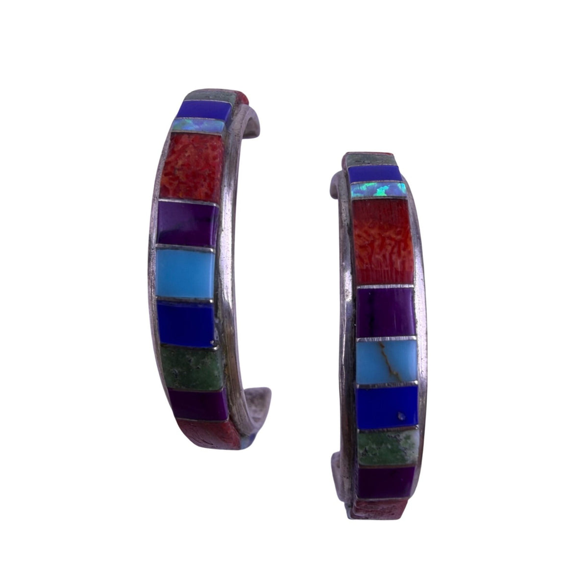Sterling Women Multicolor Inlay Hoop Earrings Silver Red/Blue/Green/Stone