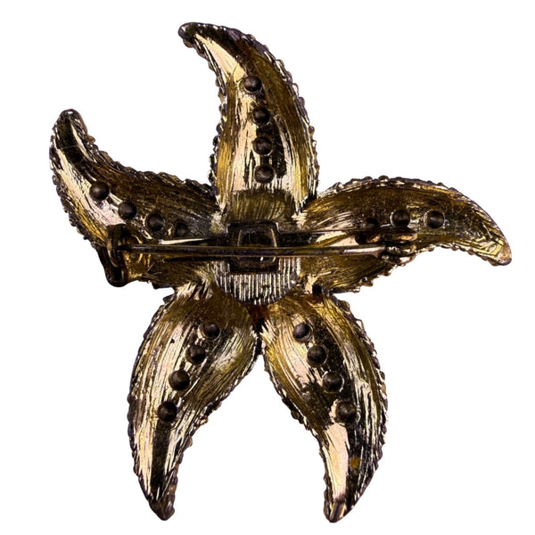 Vintage Gold Tone Women’s Rhinestone Starfish Brooch With Faux Pearl Accent