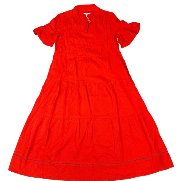 Chicos Womens Red Linen Maxi Dress Tiered Design Flutter Sleeves Size 2 (L - 12)