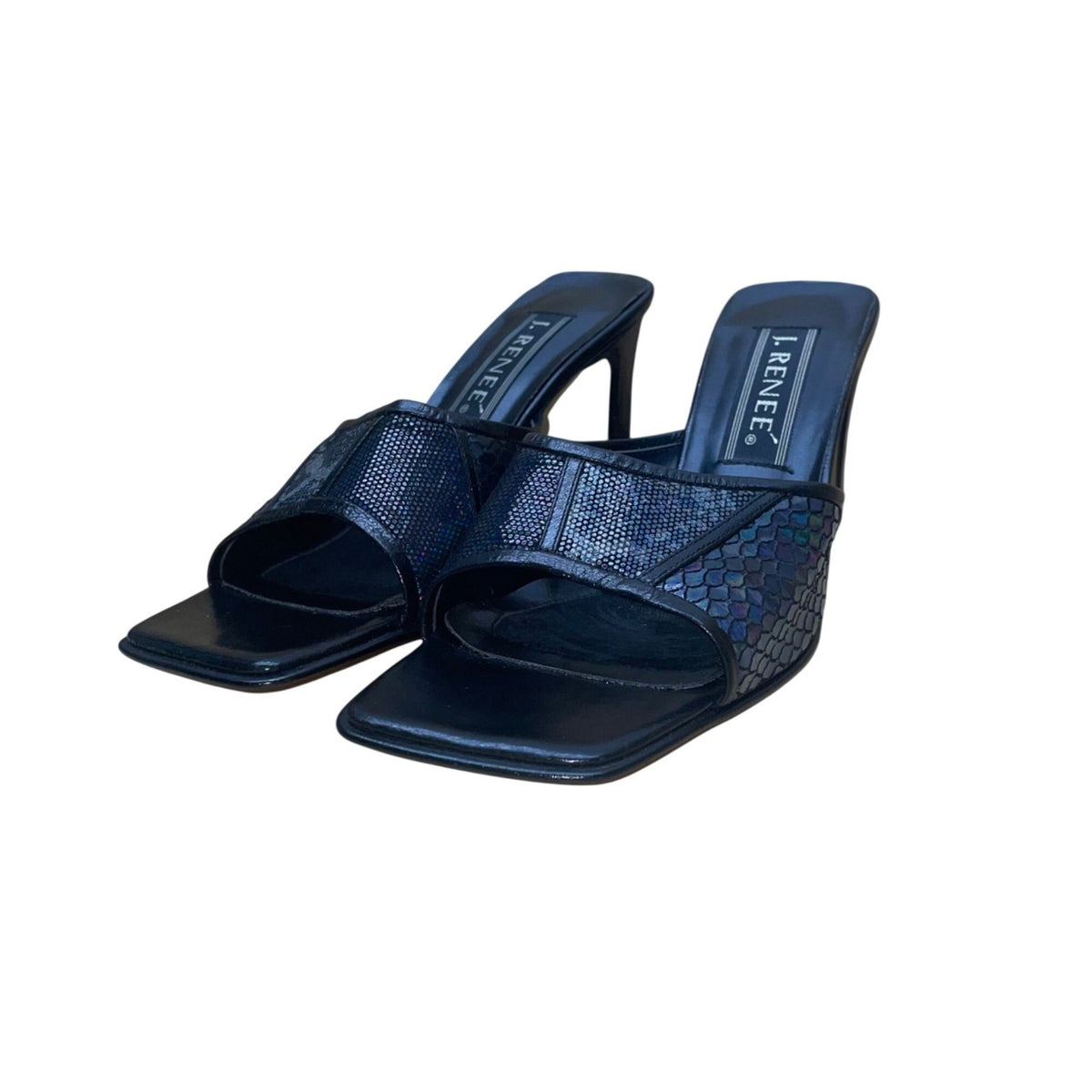 J. Renee Womens Black Iridescent Snake-Print Square-Toe Slide Heels Size 8.5