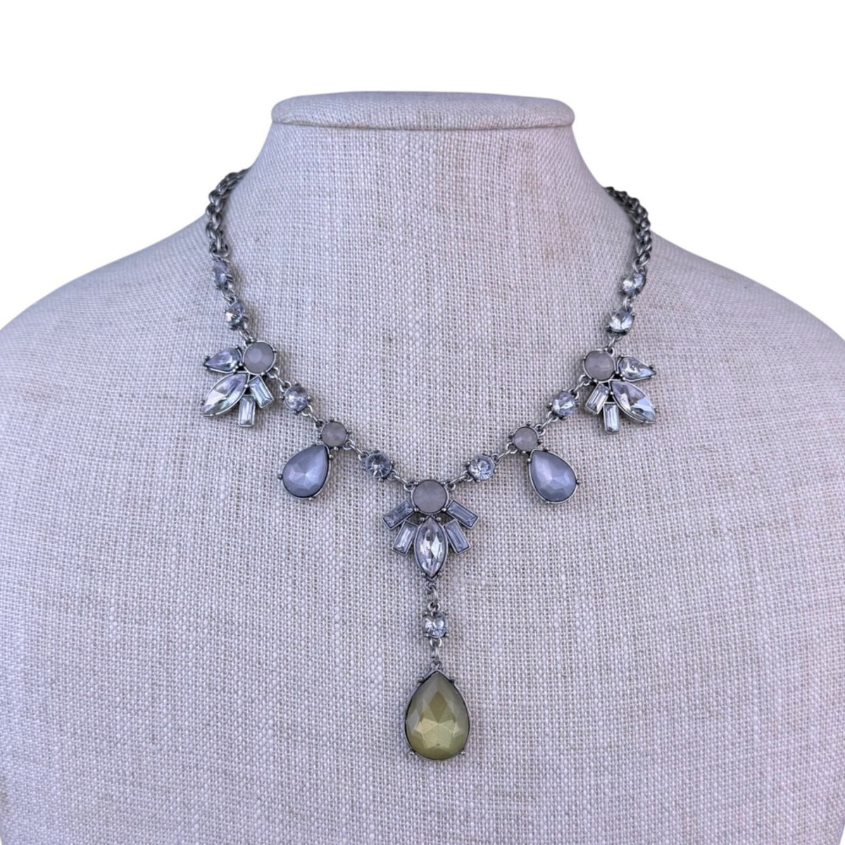 Loft Womens Silver Tone Pendant Necklace Adjustable Green & Crystal Beads