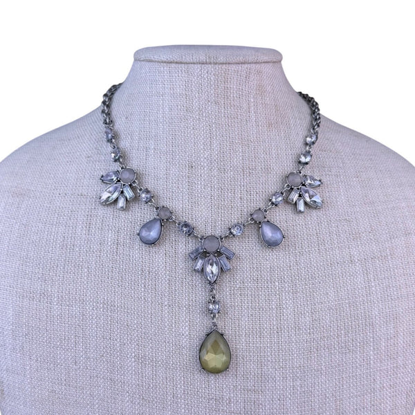 Loft Womens Silver Tone Pendant Necklace Adjustable Green & Crystal Beads