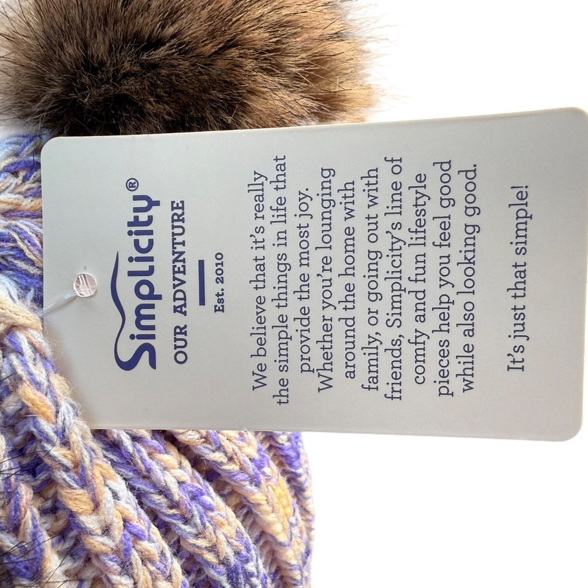 Simplicity Womens Lavender/Beige Knit Hat With Faux Fur Pom-Poms Warm Winter