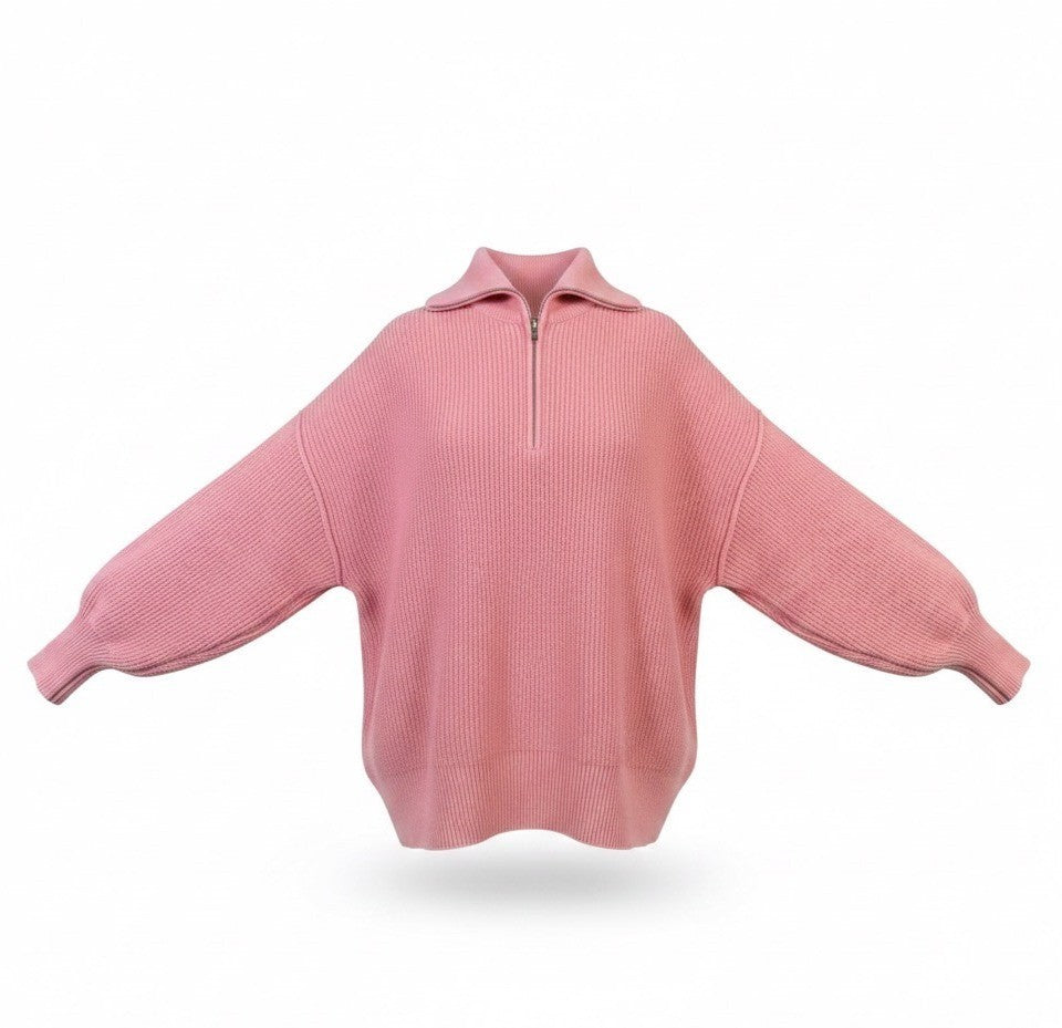 Aerie Womens Pink Ribbed Relaxed Fit & Half-Zip Knit Sweater Size SP