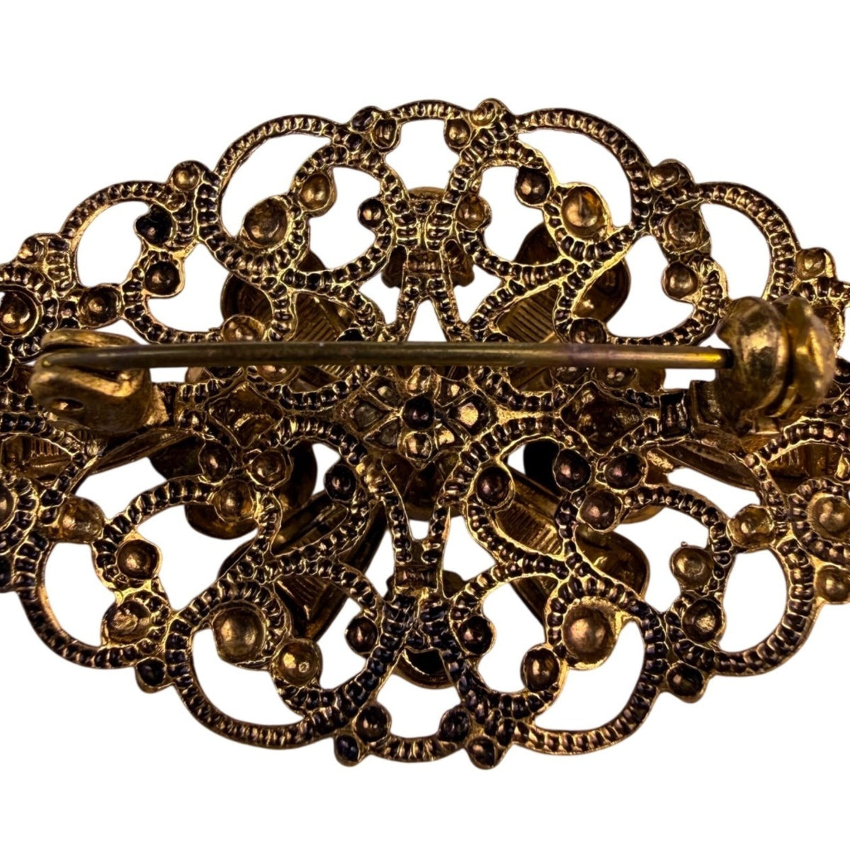 Vintage Womens Brass Filigree Brooch With Green Faceted Stones Oval