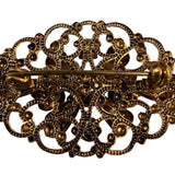 Vintage Womens Brass Filigree Brooch With Green Faceted Stones Oval