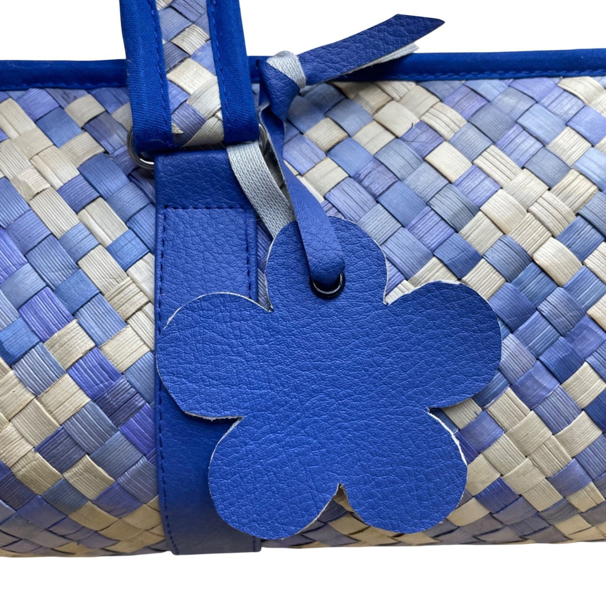 Woven Tote Bag Blue & Beige Checkered Pattern Flower Charm Detailing Handles