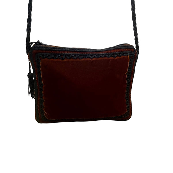 Women’s Orange & Black Velvet Embroidered Tassel Zipper Strap Crossbody Purse