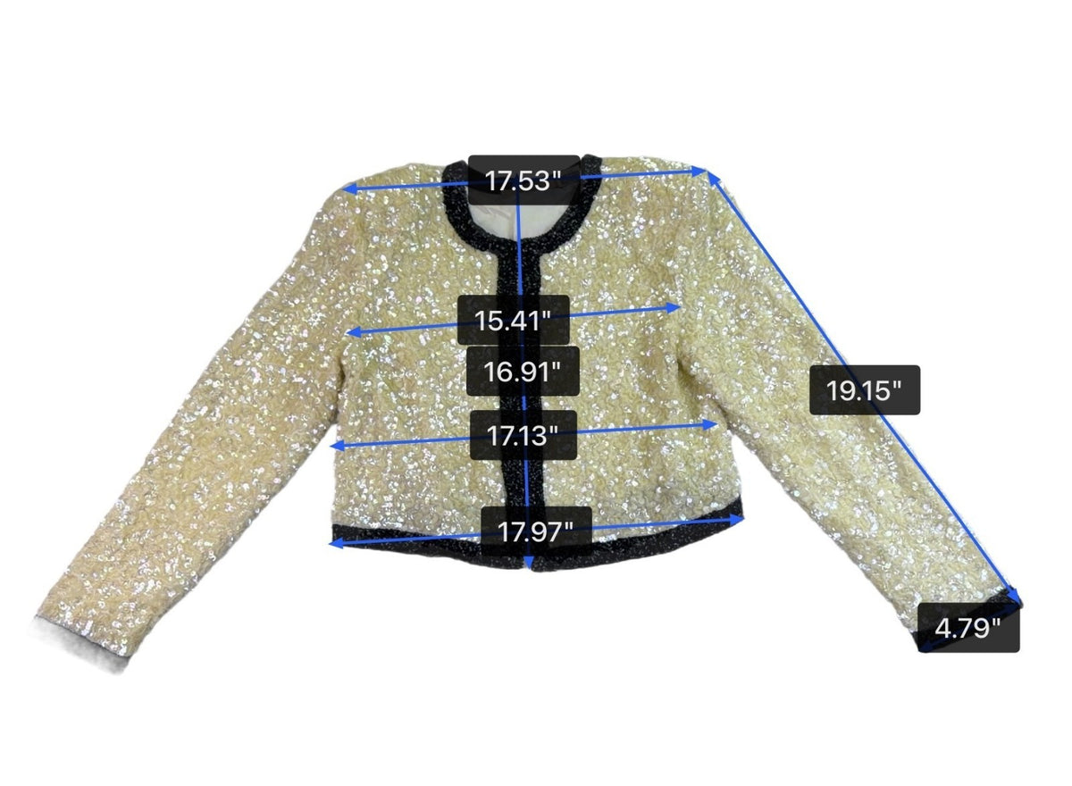 I. Magnin Womens Ivory & Black Silk Beaded Sequin Jacket 100% Silk Lining Size M