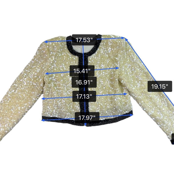 I. Magnin Womens Ivory & Black Silk Beaded Sequin Jacket 100% Silk Lining Size M