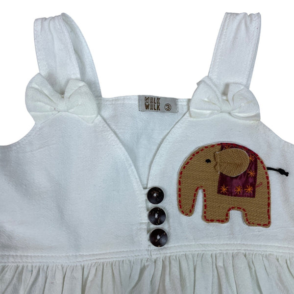 Walk Walk White Sleeveless Dress With Elephant Appliqué & Button Details Sz 3