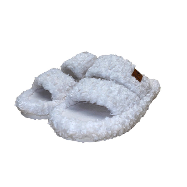 EverFoams Women’s White Fuzzy Cozy Dual Straps Slide Sandals Size 5-6