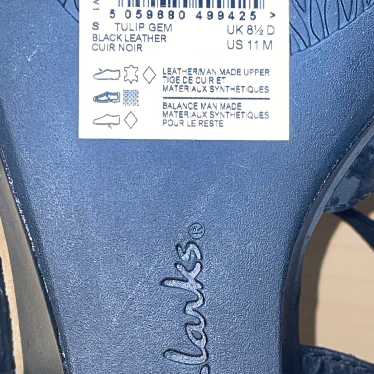 Clarks Women’s Black Leather Adhesive Strap Tulip Gem Wedge Sandals Size 11M
