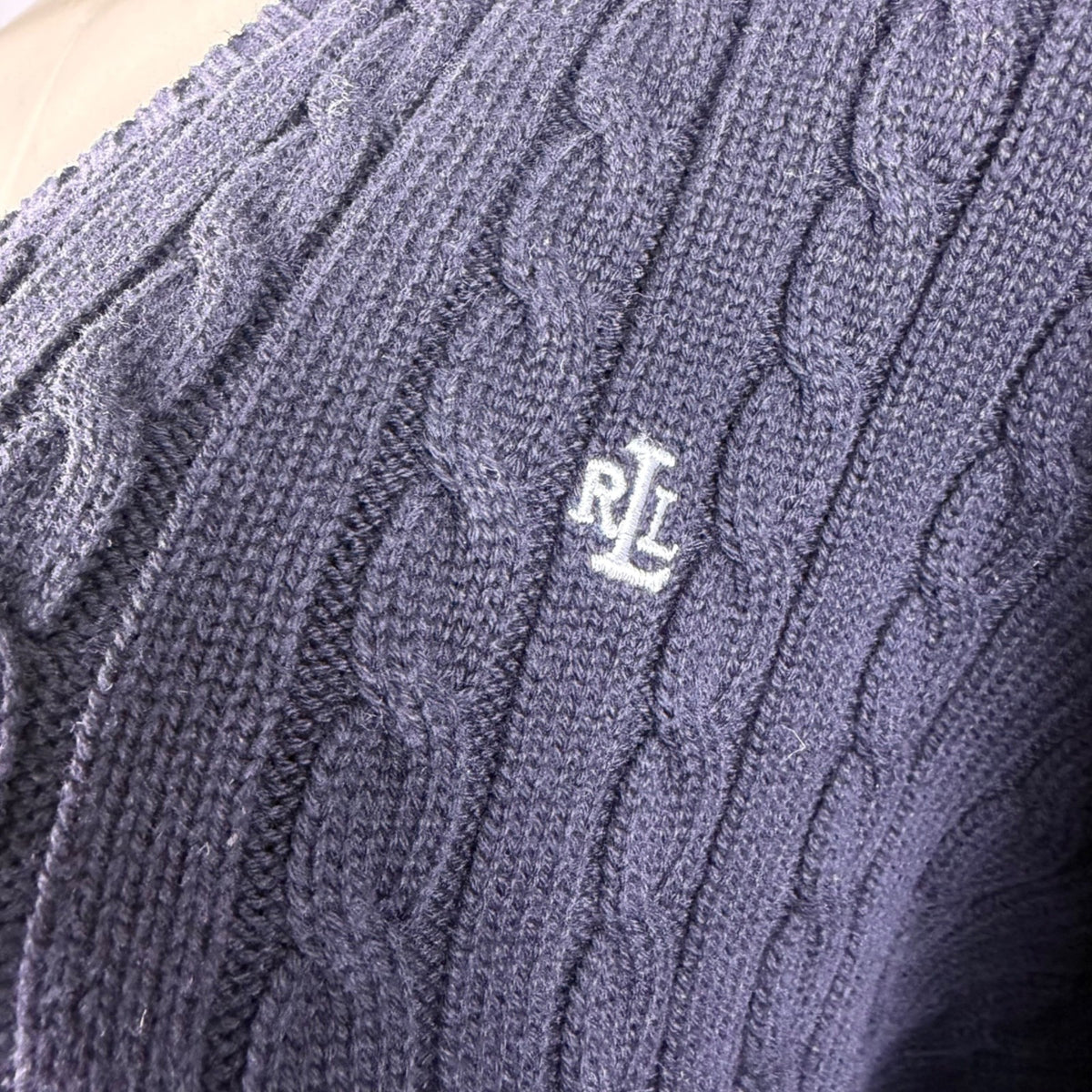 Lauren Ralph Lauren Womens Black Cotton Cable Knit V-Neck Sweater Sz XL