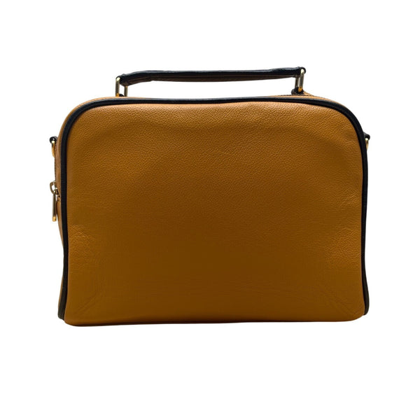 Absolutti Camel Brown & Black Faux Leather & Gold Zipper Crossbody Camera Bag