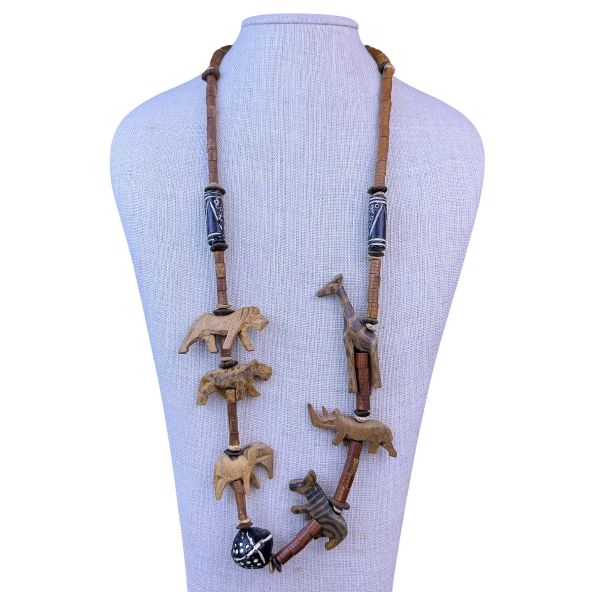 Handmade Unisex Brown Wood Animal Carved Necklace Safari Wildlife Beaded Art
