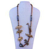 Handmade Unisex Brown Wood Animal Carved Necklace Safari Wildlife Beaded Art