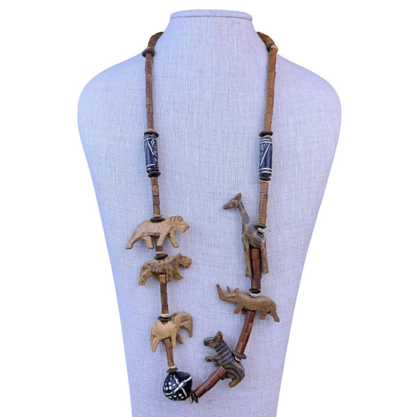 Handmade Unisex Brown Wood Animal Carved Necklace Safari Wildlife Beaded Art