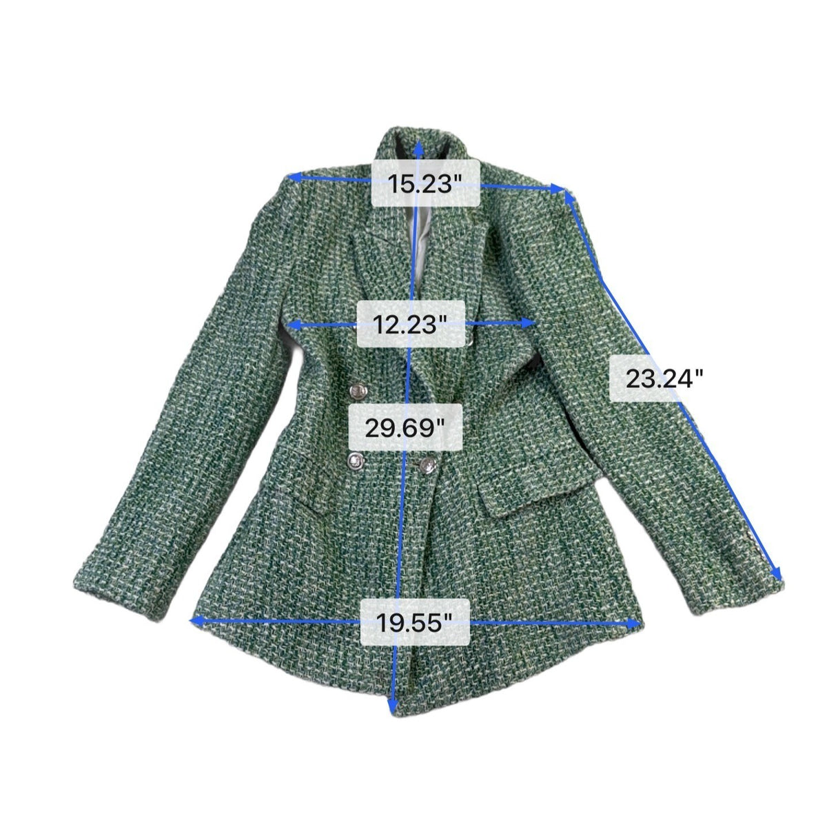Zara Womens Green Cotton Blend Tweed Double-Breasted Blazer Stylish Morocco Size