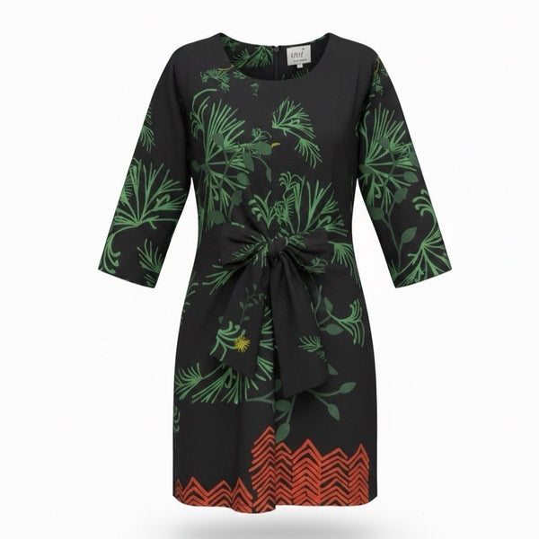 Nu New York Womens Black & Green Floral V-Neck Tie-Waist Dress Size S