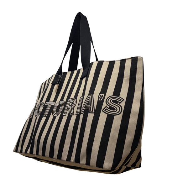 Victorias Secret Women’s Black & Cream Canvas Striped Signature Logo Tote Bag