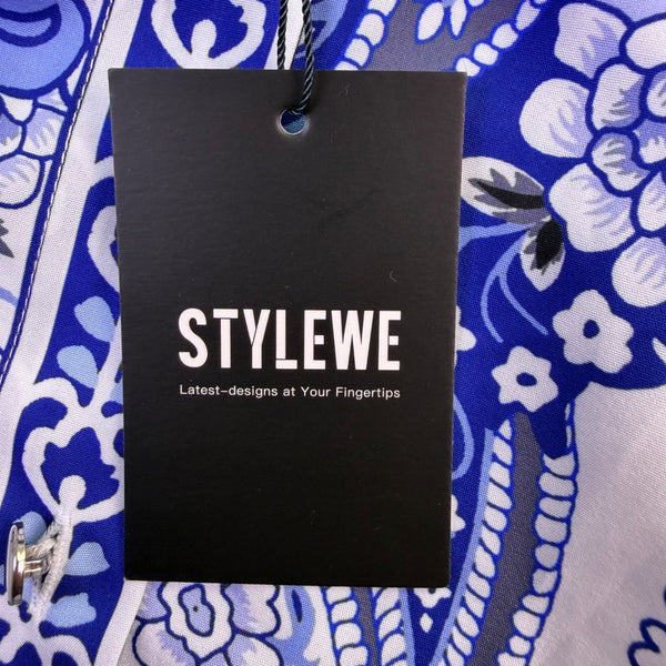 Stylewe Womens Blue White Floral Long-Sleeve Blouse Elegant Shirt Size M