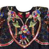 Swee Lo Womens Black Silk Beaded & Sequin Shirt Floral Design Size L