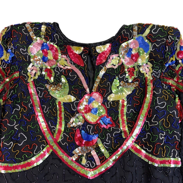 Swee Lo Womens Black Silk Beaded & Sequin Shirt Floral Design Size L