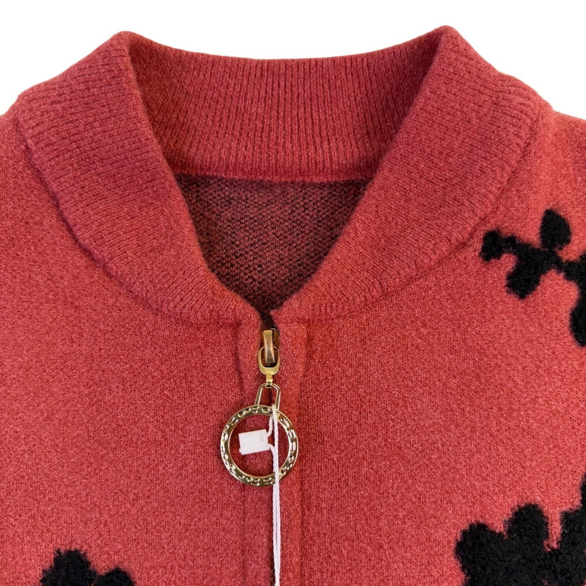 Womens Rust & Black Embroidered Pattern Knit Cardigan With Zipper & Pockets