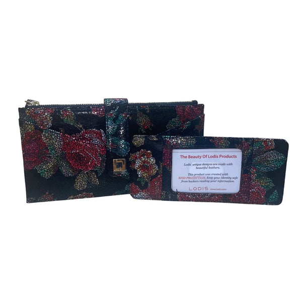 Lodis Women’s Black Multicolor Floral Print Leather RFID Snap Closure Wallet