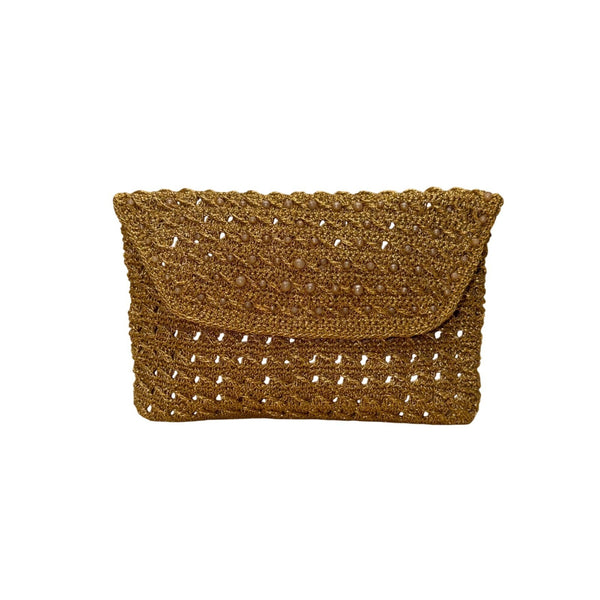 Handcrafted Woven Women’s Gold Metallic Beaded & Satin Lining Mini Clutch