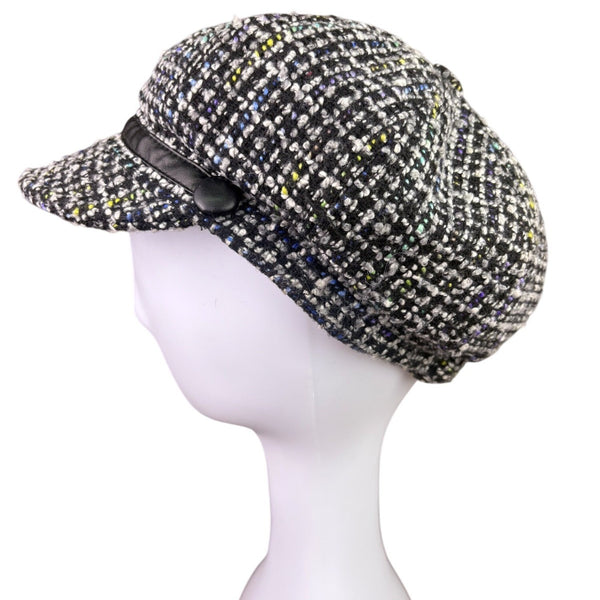 Nine West Womens Black Wool Newsboy Cap Button Tweed OS