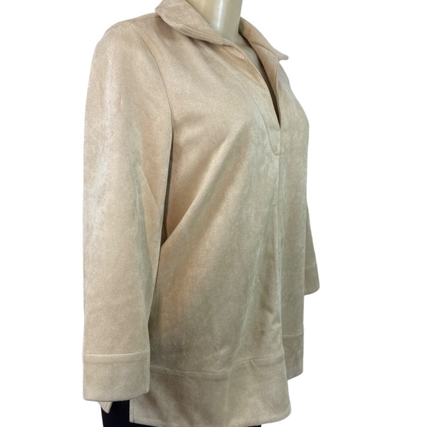 Tuckernuck Women's Beige Faux Suede 3/4 Sleeve Pullover Top Sz S