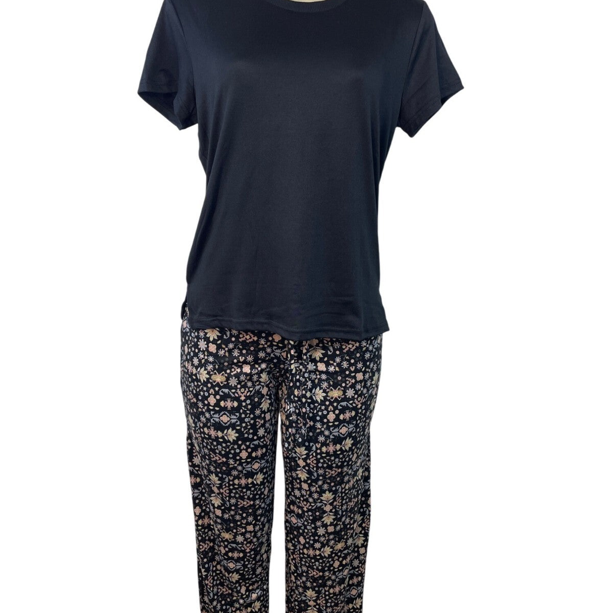 Muk Luks 3-Piece Black Open Cardigan T-Shirt & Floral Pant Lounge Set Sz S - New