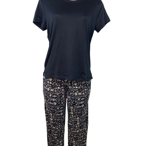Muk Luks 3-Piece Black Open Cardigan T-Shirt & Floral Pant Lounge Set Sz S - New