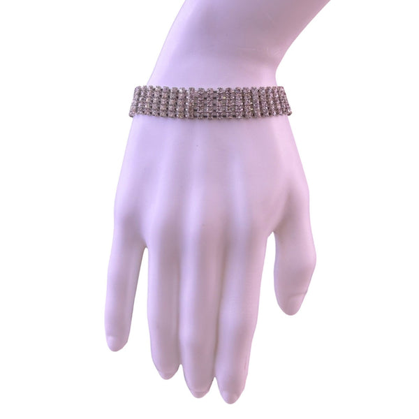 Vintage Silver Tone Womens Rhinestone Bracelet 5 Rows Adjustable Elegant Shiny