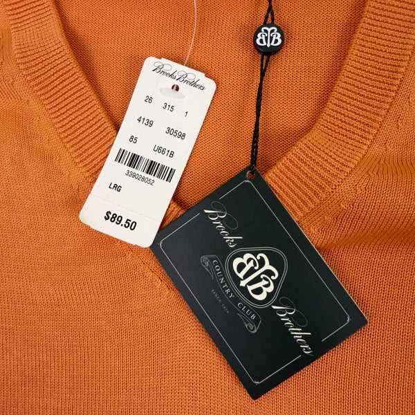 Brooks Brothers Mens Orange Cotton & Silk V-Neck Sweater Size L - New