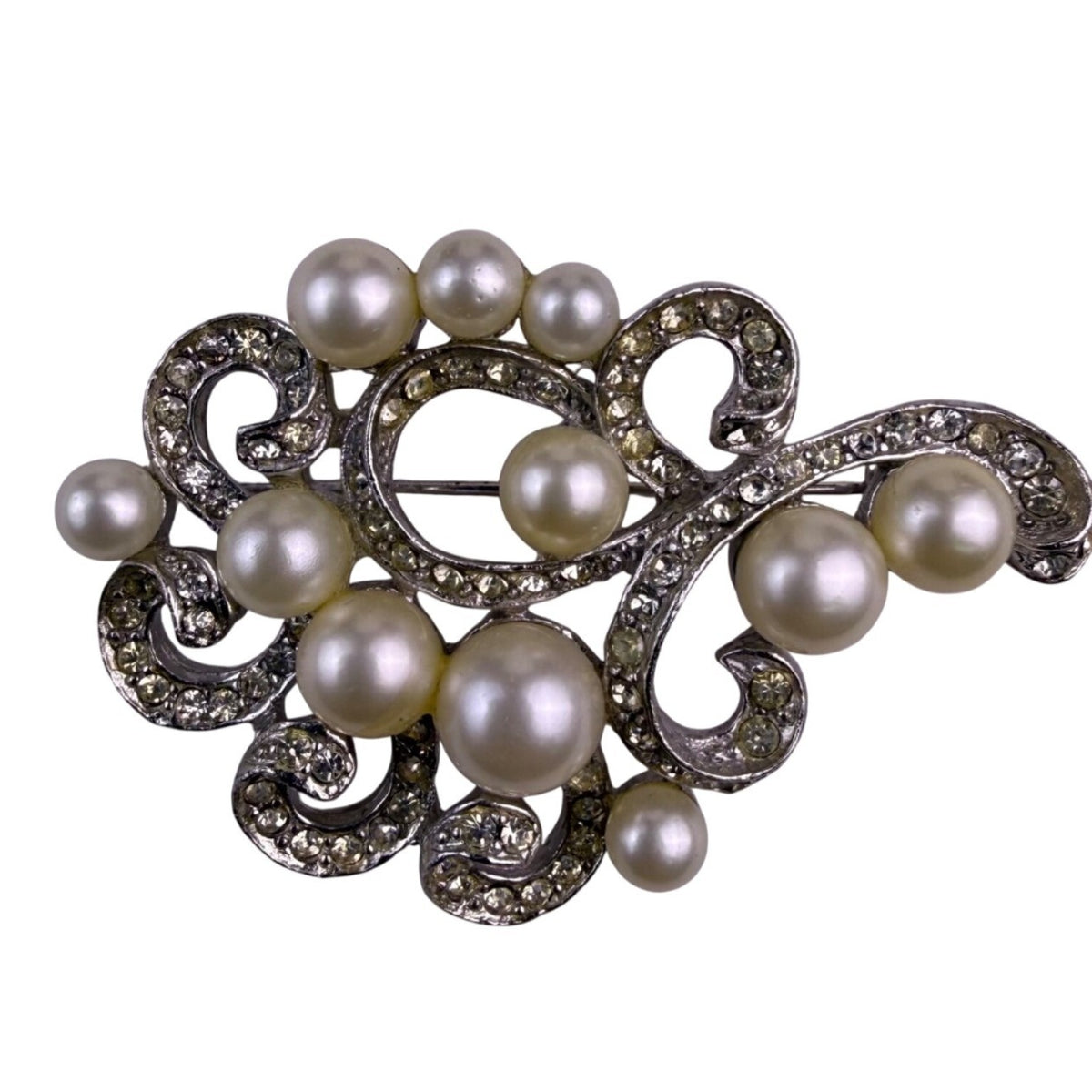 Marvella Women’s Silver Tone Faux Pearl & Rhinestone Brooch & Earrings Set