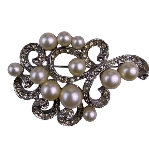 Marvella Women’s Silver Tone Faux Pearl & Rhinestone Brooch & Earrings Set